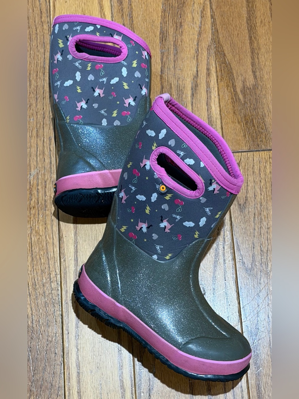 BOGs Kids Waterproof Insulated Winter Boots - Gray Pink Pull On Handles Sz 1